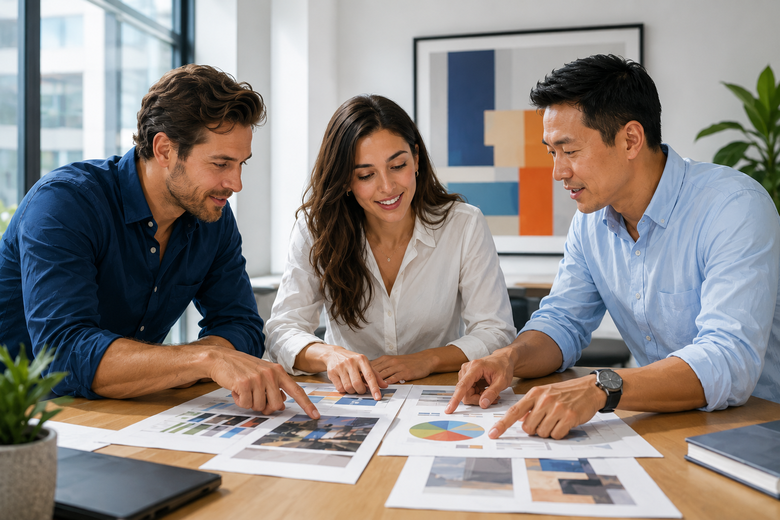 Group of three people around a table in a bright modern office, reviewing printed materials together