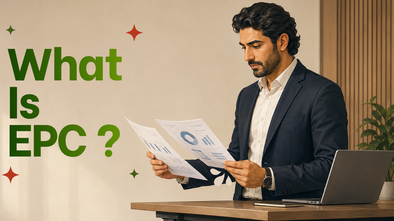 Affiliate program manager at a standing desk reviewing printed performance reports with a focused expression