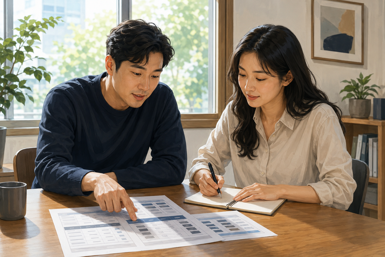 Two people at a table reviewing printed comparison sheets, one pointing to a row of features, the other taking notes, natural light from a window