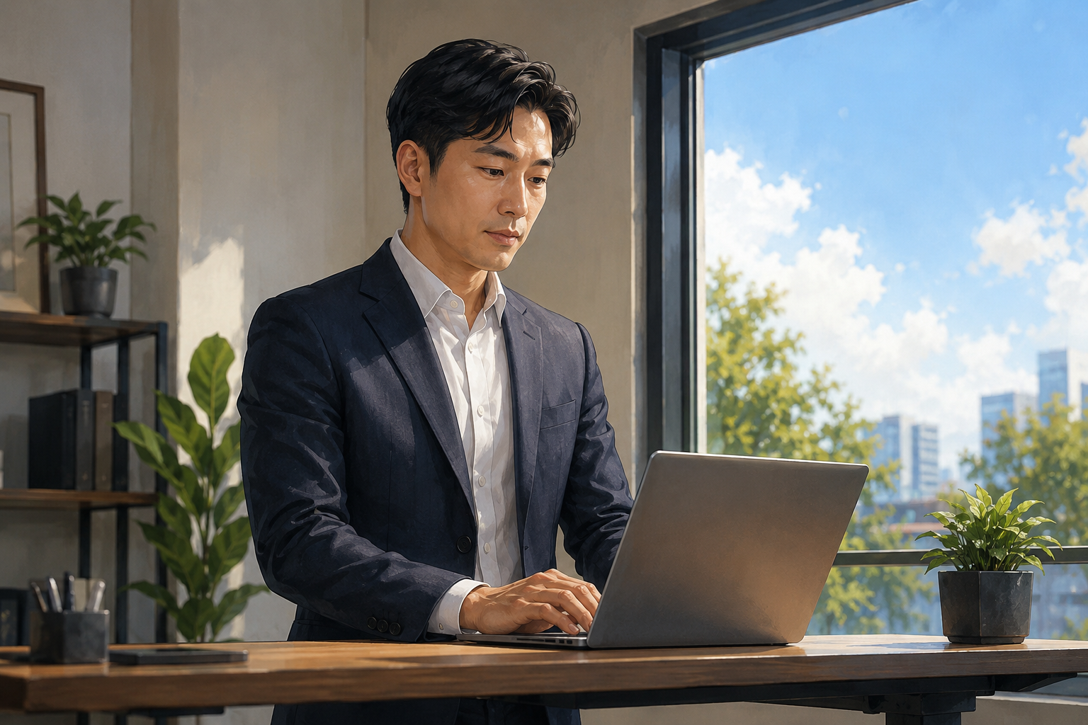 Business owner at a standing desk drafting an email on a laptop, window behind showing a bright afternoon sky, focused and confident