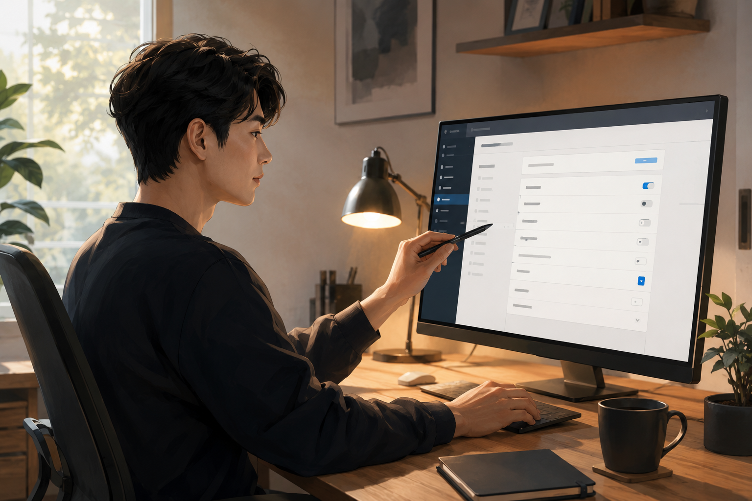 Person at a home office desk walking through a plugin settings screen on a monitor, stylus in hand, focused and calm