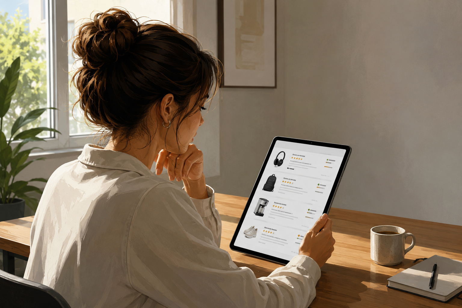 Person reviewing a list on a tablet with product research visible on screen, natural daylight, painterly illustrative style