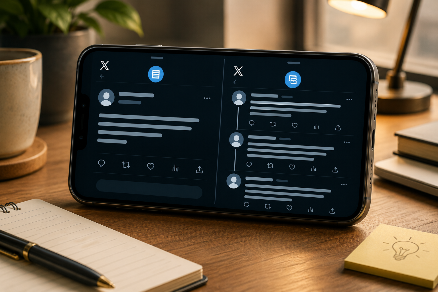 Split view of a phone showing different tweet formats side by side, warm office lighting, illustrative style