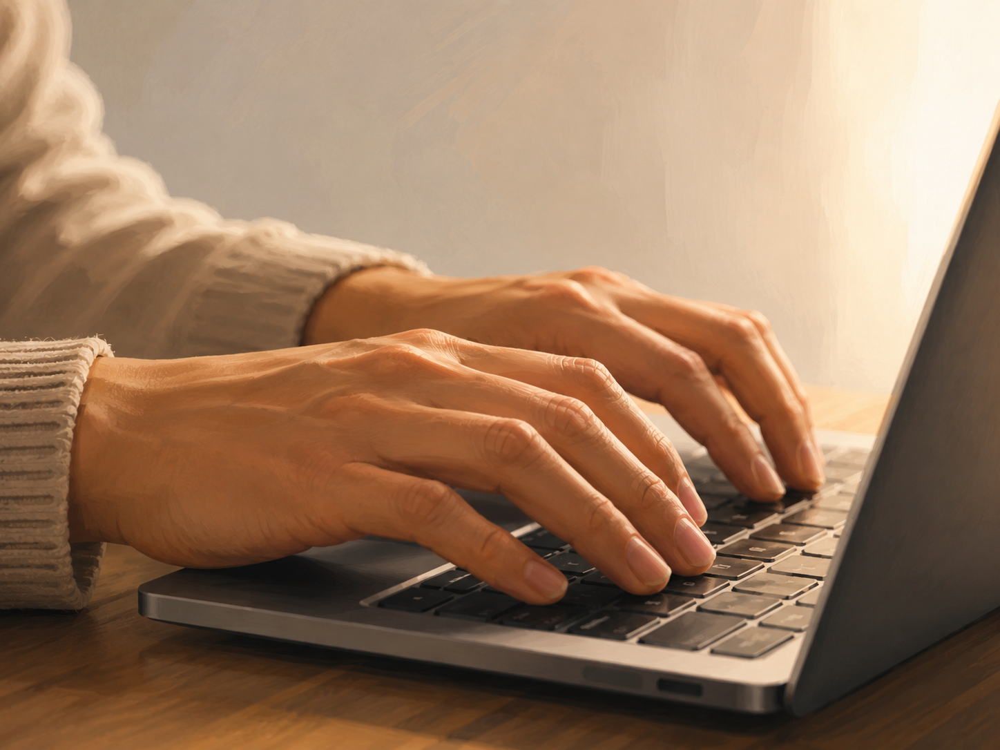 Close-up of hands typing an affiliate program application on a keyboard