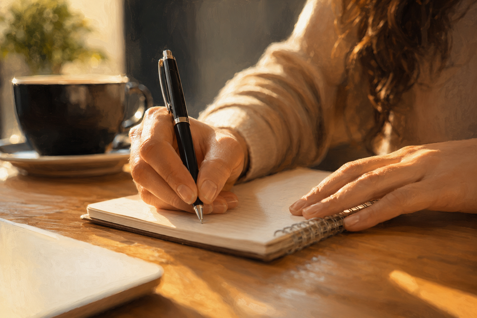 A pair of hands holding a pen, making notes in a notebook beside a coffee cup, close-up shot, warm natural light