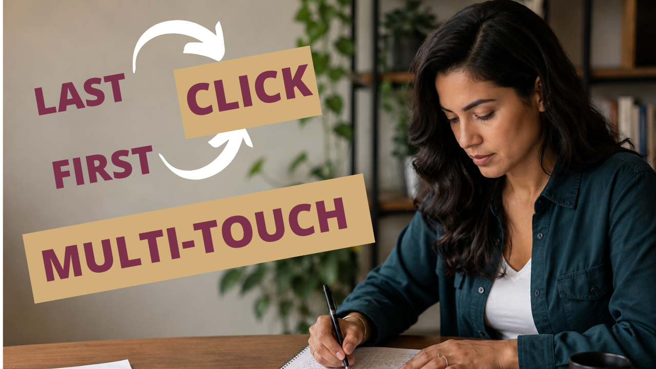 A focused affiliate manager at a desk with notes, program data visible, determined look, negative space on the left side of the image