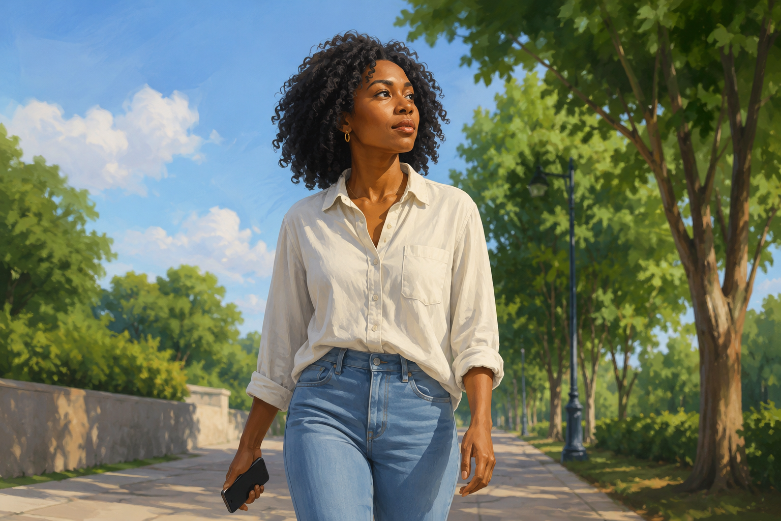Person on a walk outdoors, looking thoughtful, phone in hand, trees and open path in background