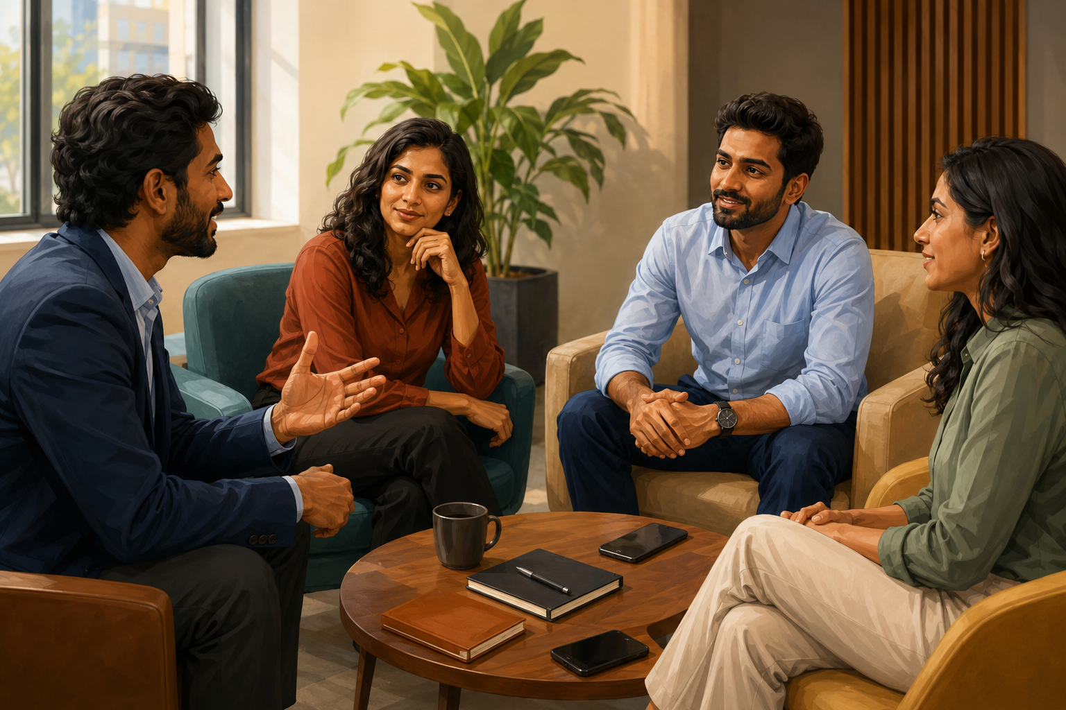 Group of business owners in a casual meeting, discussing marketing options at a coffee table