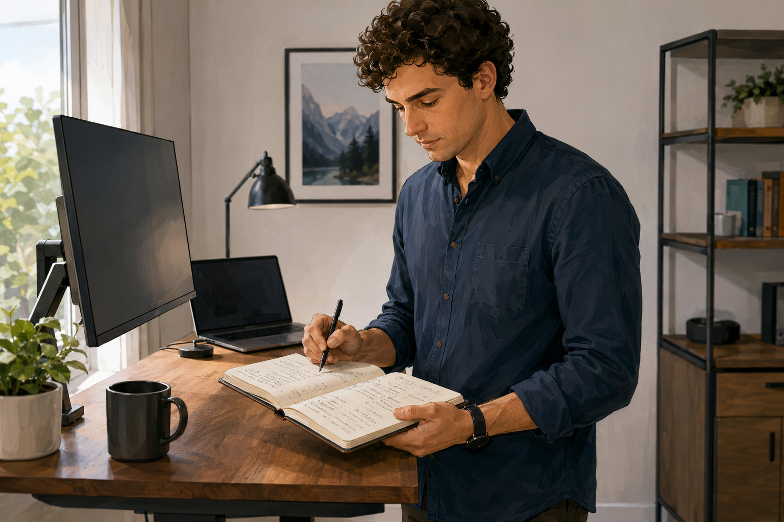 Affiliate manager at a standing desk, reviewing notes and preparing a personalized message, focused and deliberate