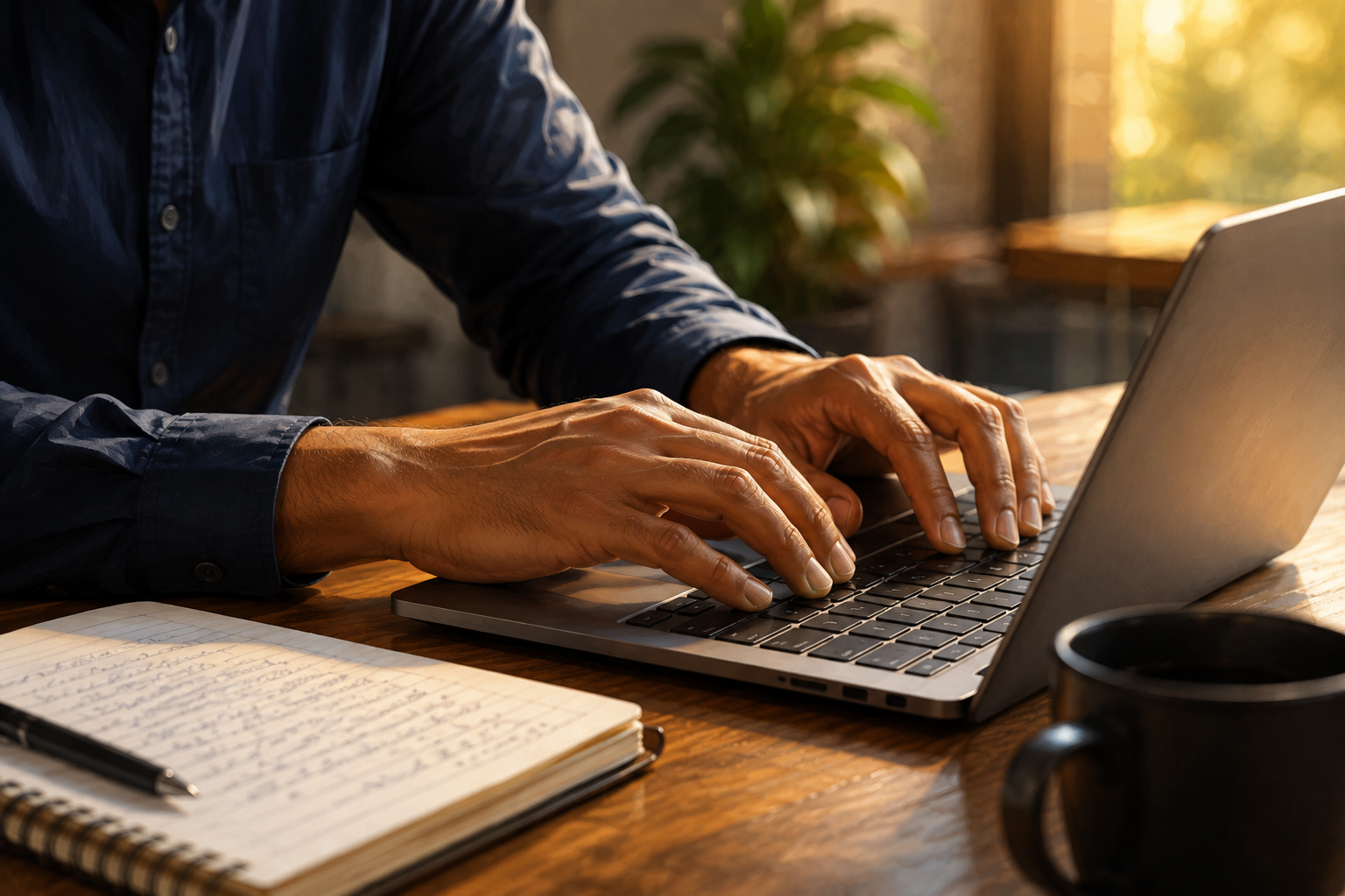 Close-up of hands typing a product review on a laptop keyboard, notebook and pen nearby