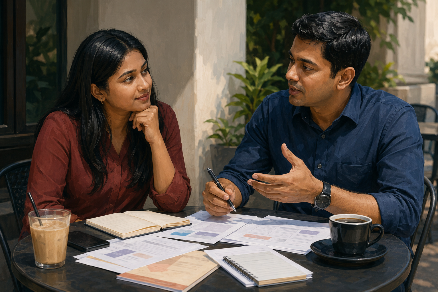 Two colleagues outdoors at a cafe table, reviewing budget notes on paper with drinks in hand