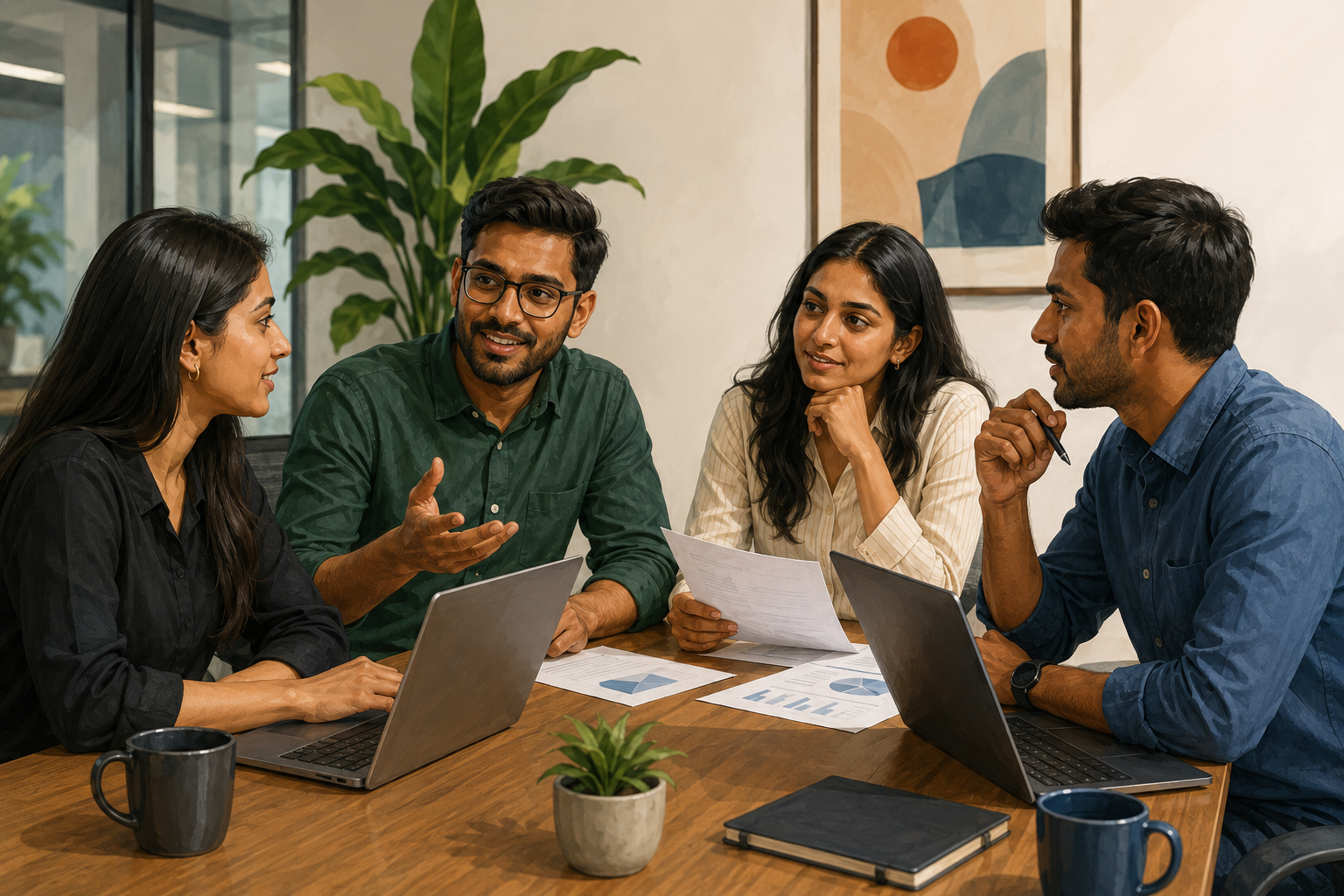 Group of four affiliates at a casual office meeting, animated conversation with papers and laptops on the table