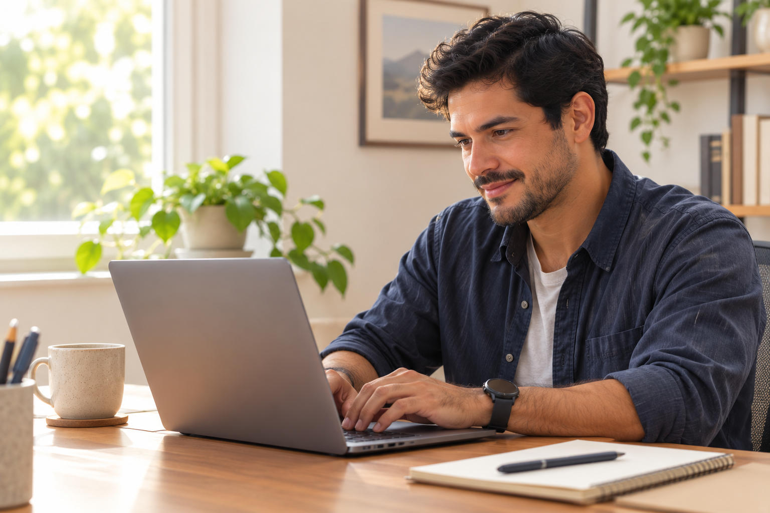 Person typing on a laptop at a bright home office desk, focused and relaxed