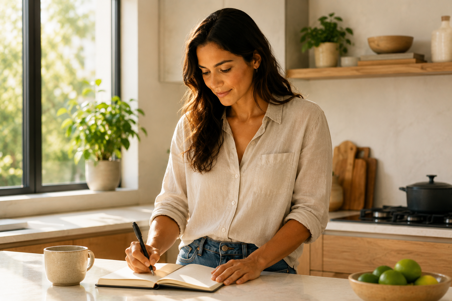Person standing at a kitchen counter with a notebook, writing quickly, bright morning light