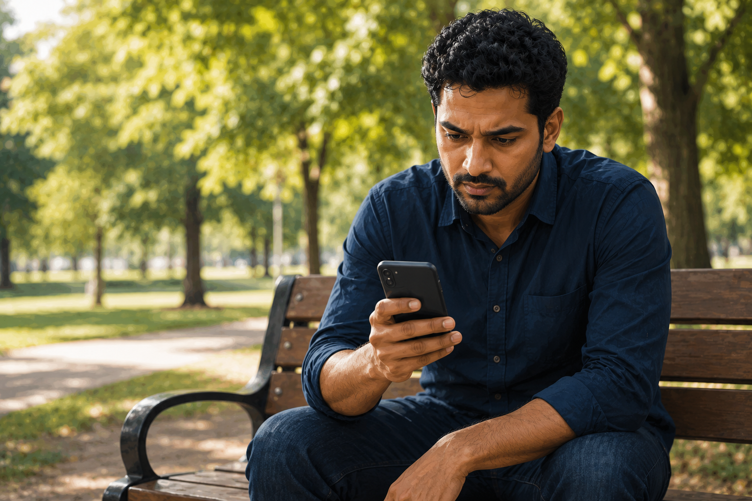 Person sitting alone on a park bench outdoors, staring at their phone with a focused, slightly worried expression