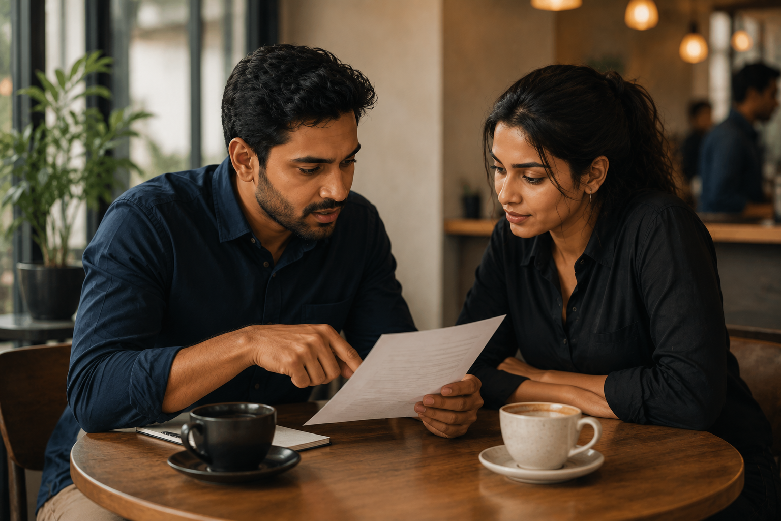 Two colleagues at a coffee shop reviewing printed language on paper, pointing and discussing