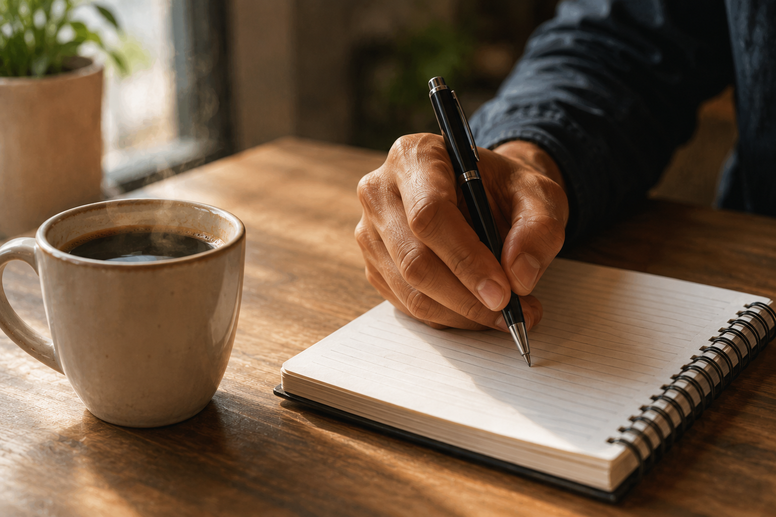 Close-up of a hand writing on a notepad with a pen, natural light from a window