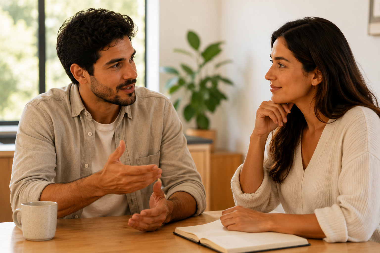 Two people having a warm, genuine conversation in a bright indoor space