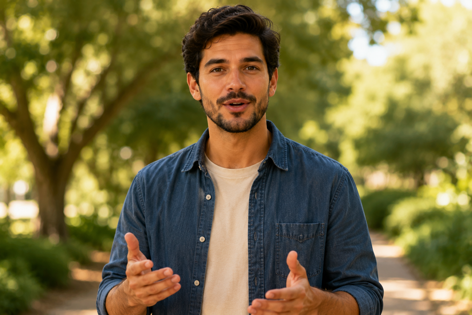 Person filming themselves outdoors in a park-like setting, speaking directly to camera