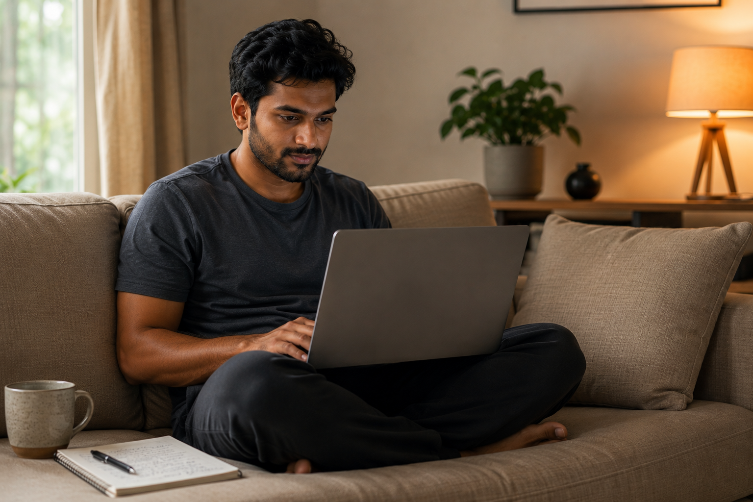 Person sitting cross-legged on a couch with a laptop, focused expression, notepad beside them with handwritten notes
