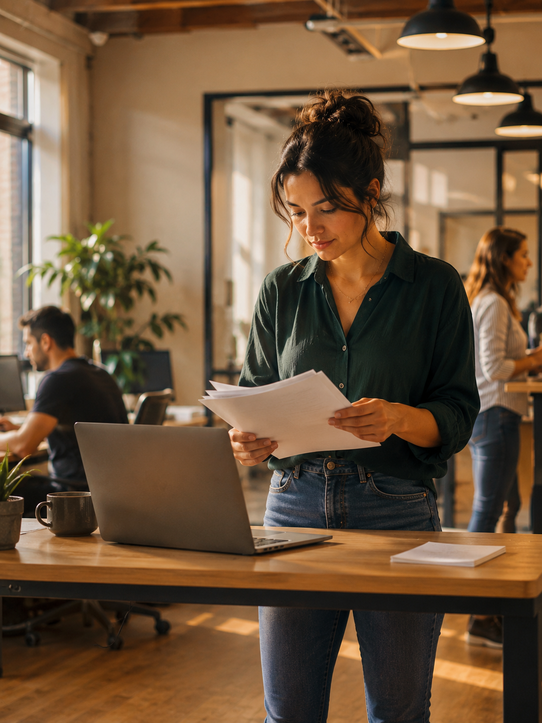 Person at a standing desk in a modern open office reviewing a short stack of printed pages with a focused expression