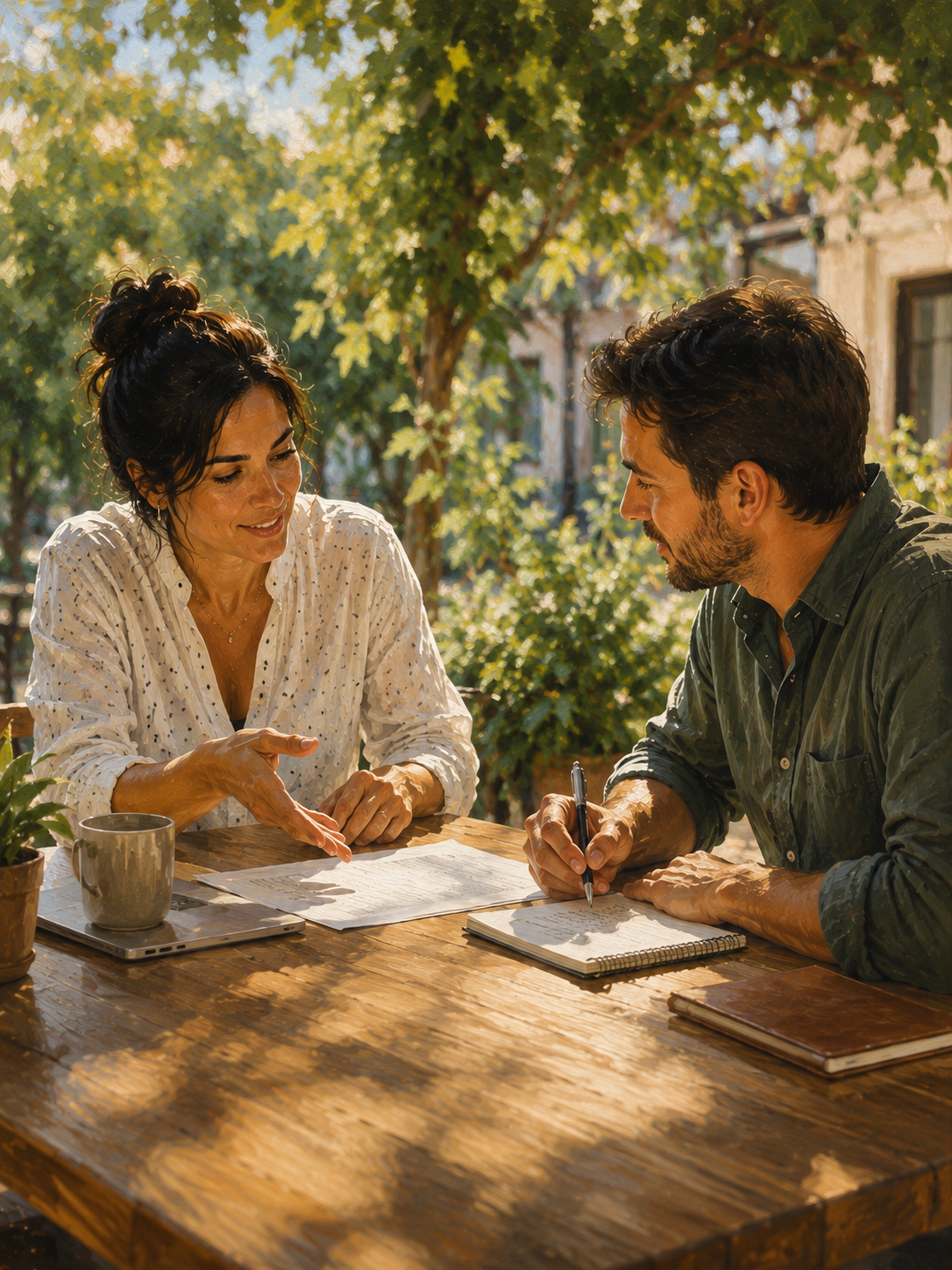 Two founders talking at a sunny outdoor table, one gesturing toward a document while the other takes notes, greenery in the background