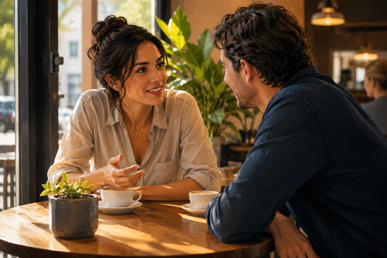 Two people having a genuine conversation over coffee at a small table, warm and relaxed setting