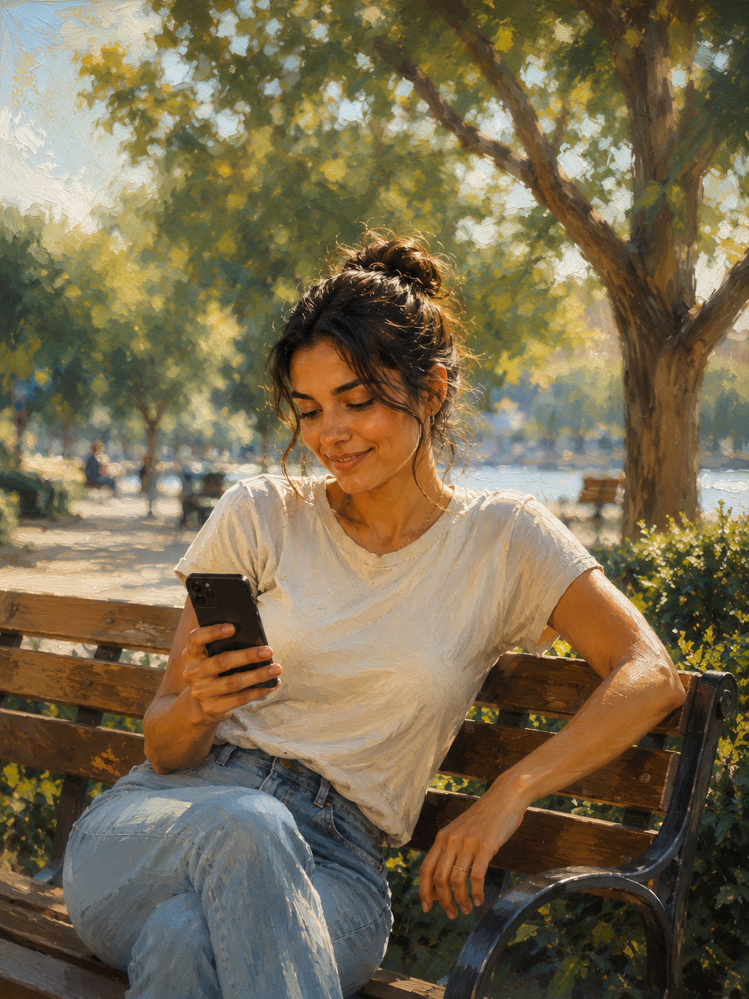 Person sitting on an outdoor bench in the afternoon, reading a message on their phone with a relaxed smile, trees in the background