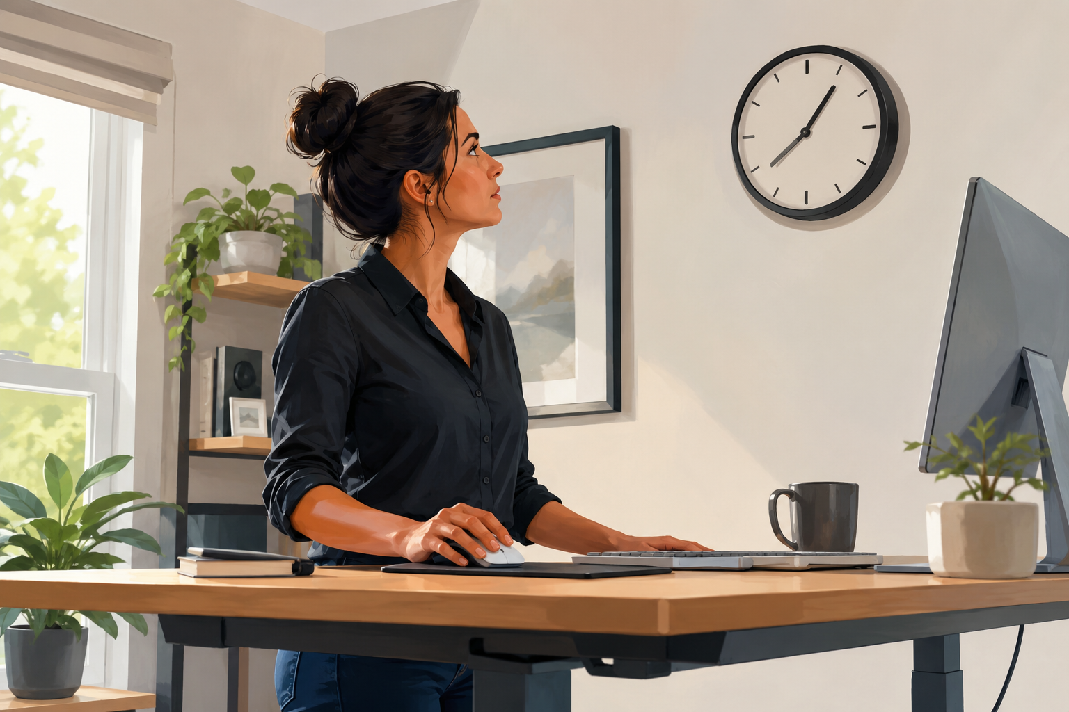 Person at standing desk with a focused expression, reviewing a screen, clock visible in background
