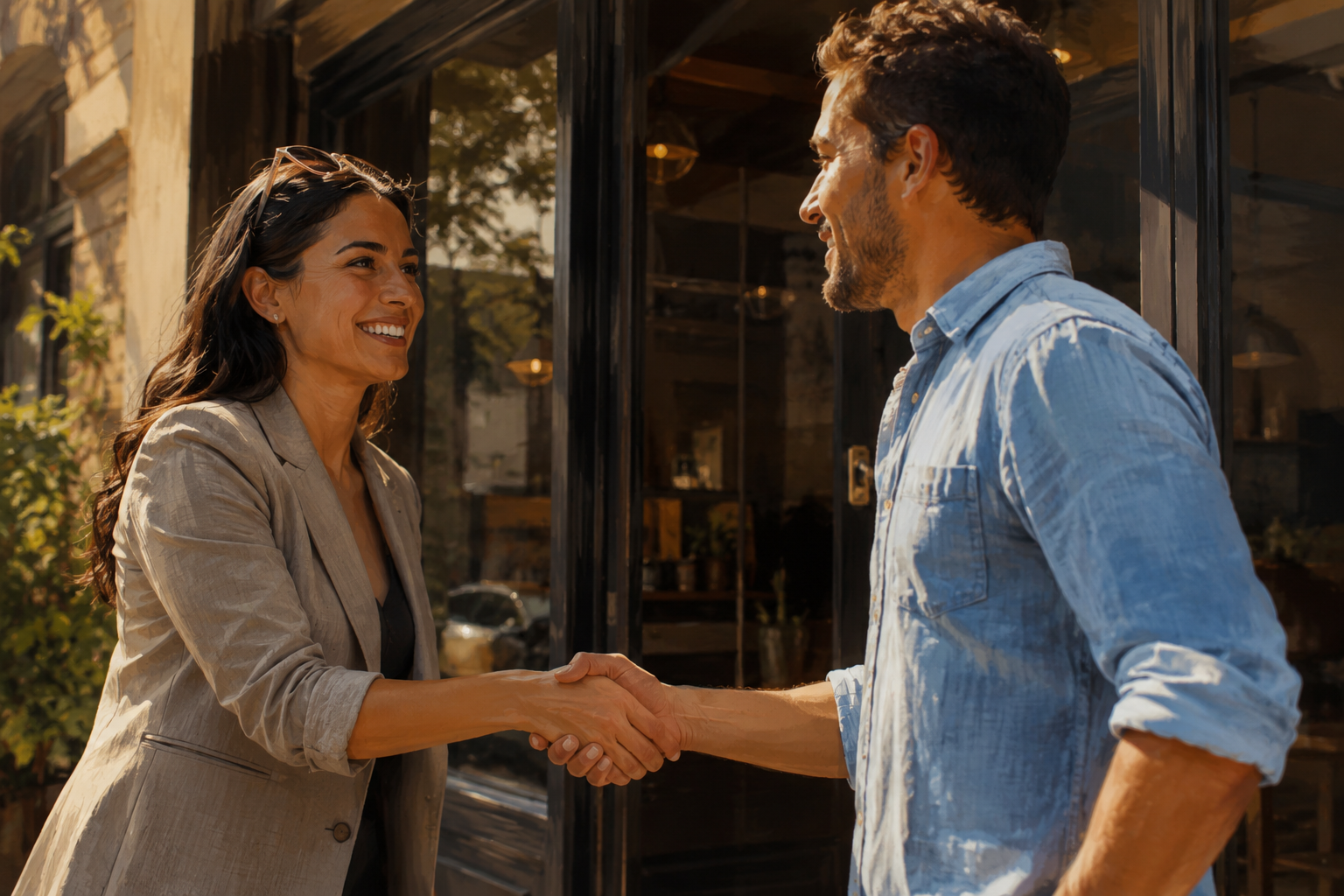 Two people meeting and shaking hands outdoors in front of a storefront, warm afternoon light, candid street-level perspective