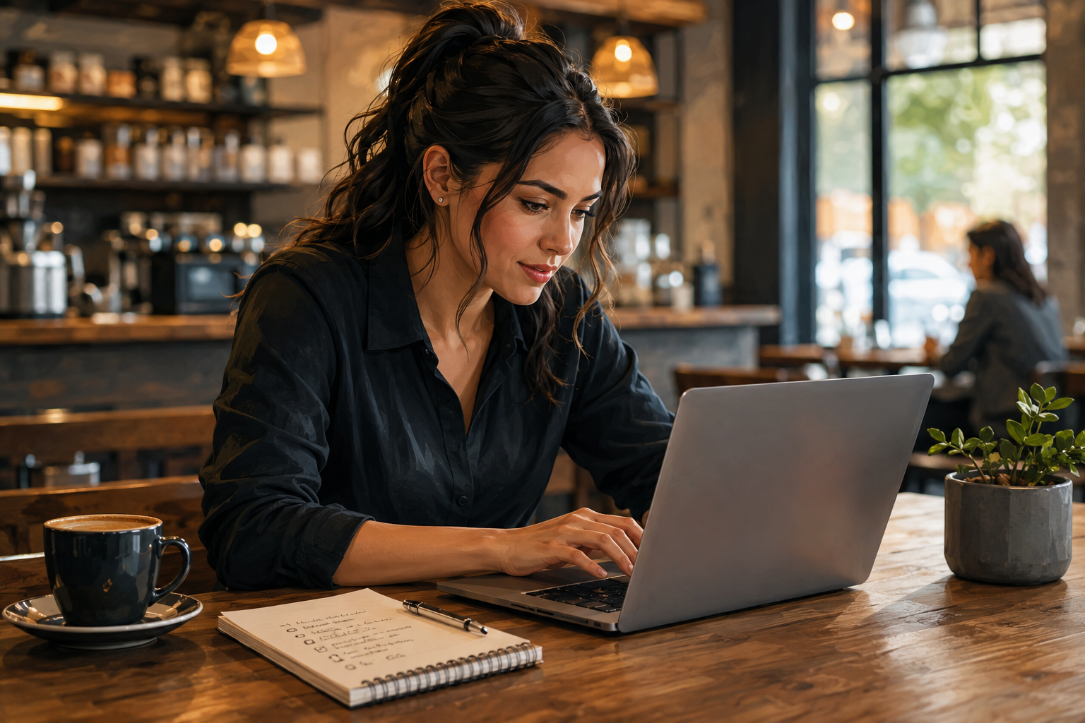 Person at a coffee shop typing an email on a laptop, notepad with bullet points beside them