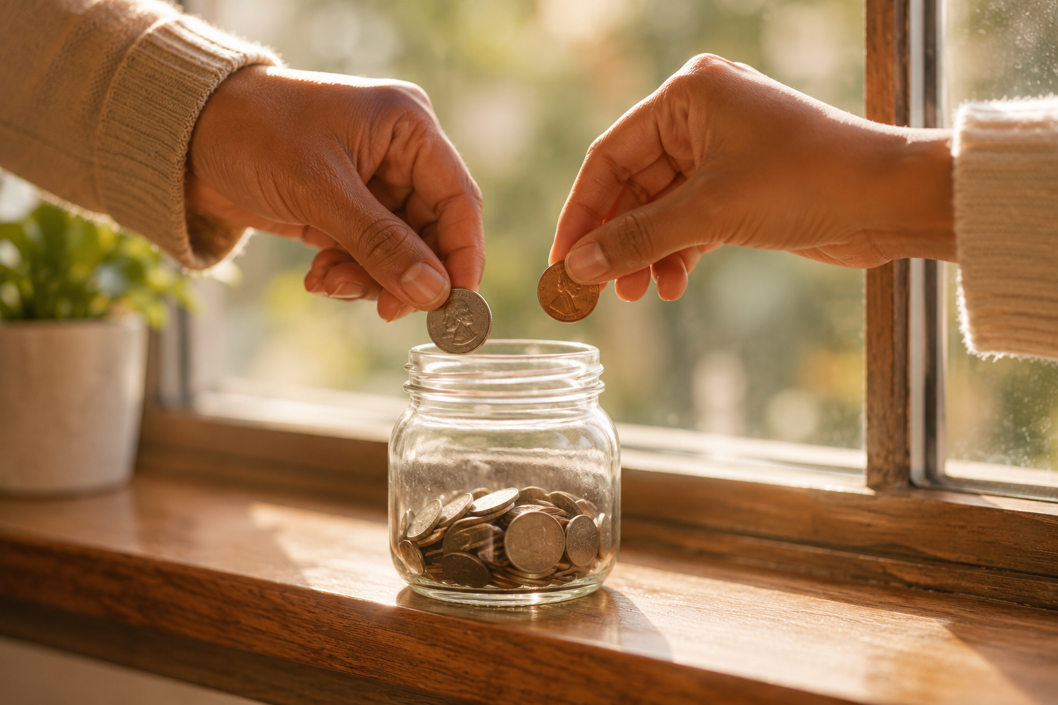 Close-up of hands dropping coins into a small glass jar on a wooden windowsill, soft daylight, quiet and deliberate