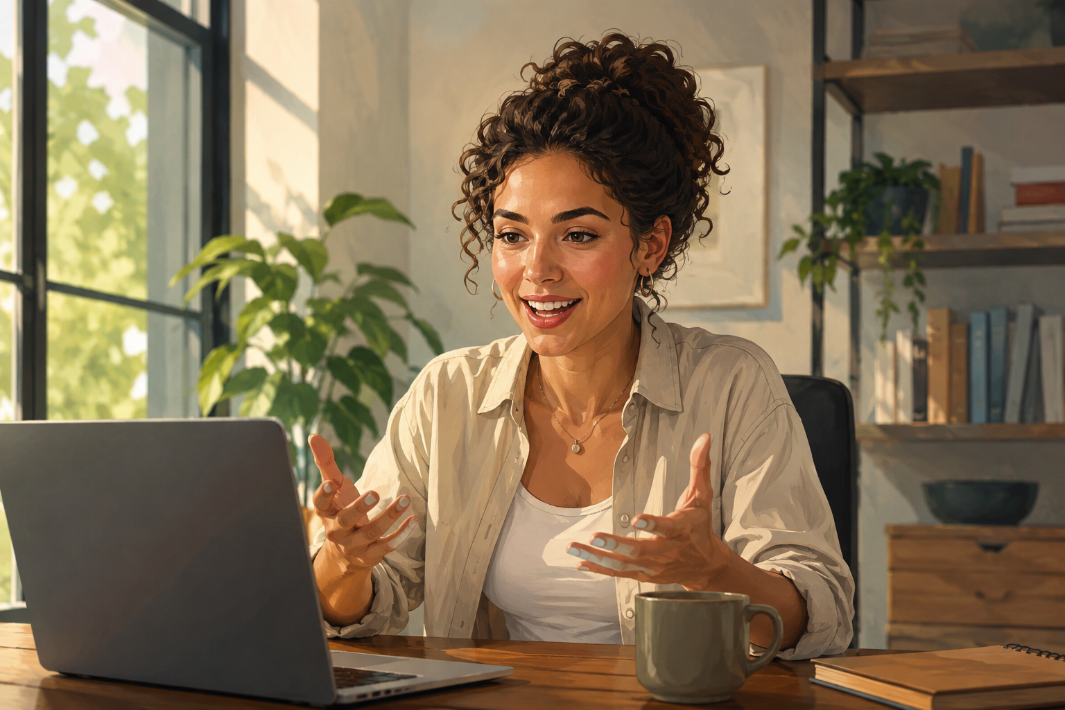 Affiliate manager on a video call with an affiliate, screen visible in background, sharing tips in a relaxed home office setting