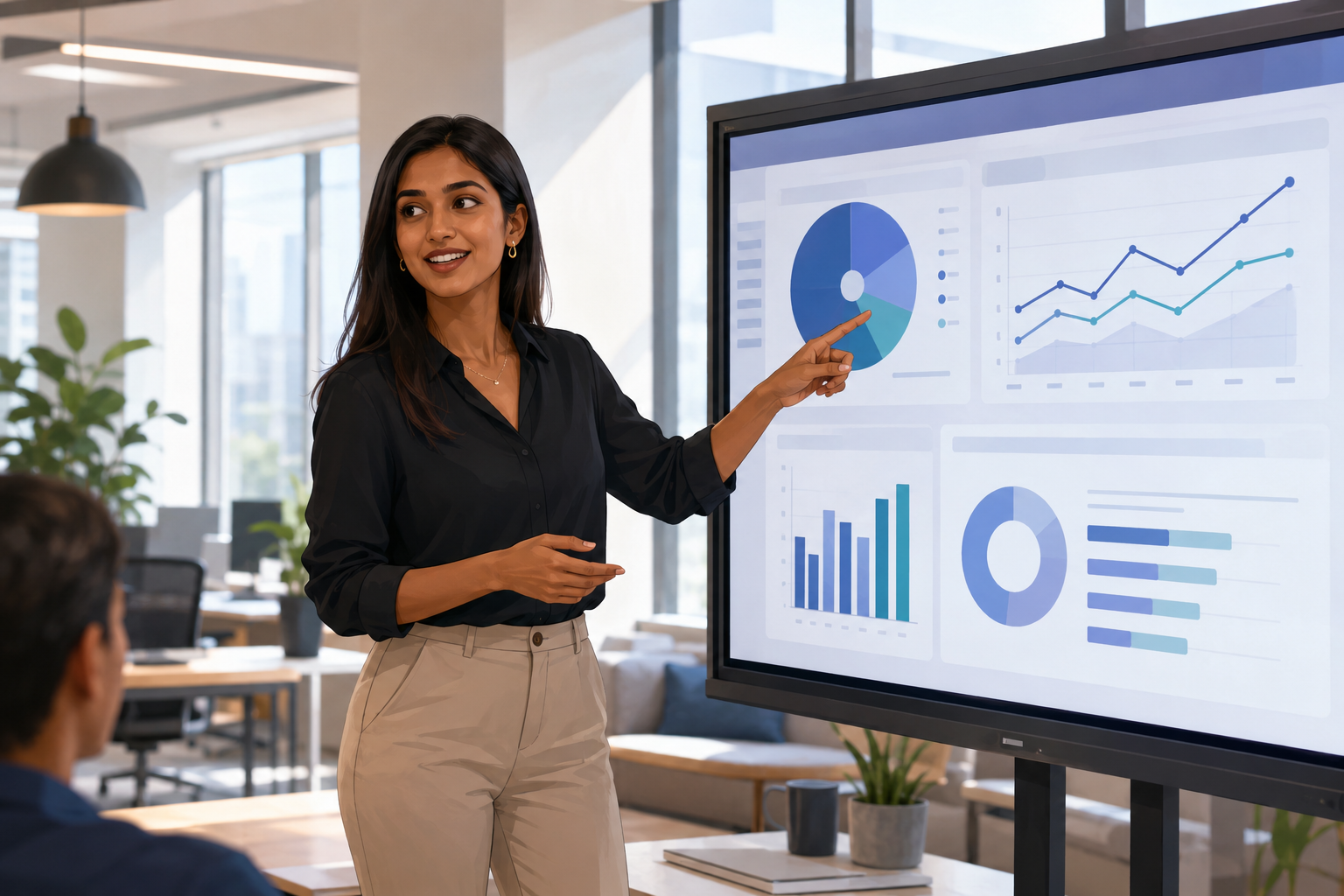 Affiliate manager updating a live leaderboard on a large monitor in a bright office space