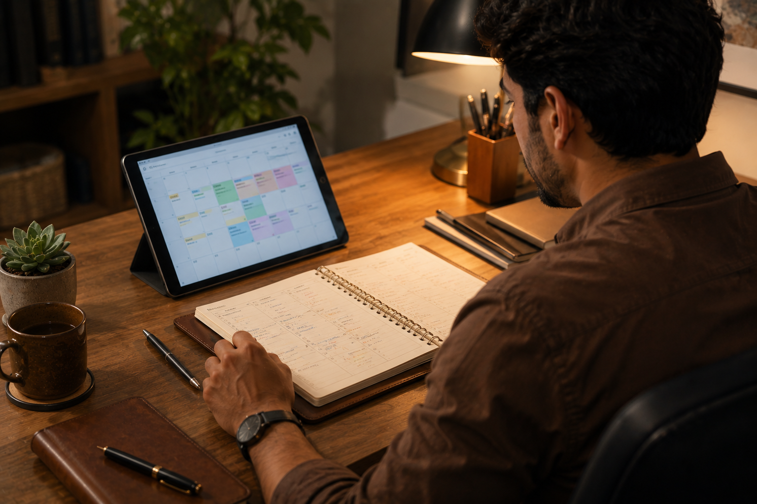An over-the-shoulder view of an affiliate manager working at a tidy desk with a tablet and a planner side by side in soft lamp light