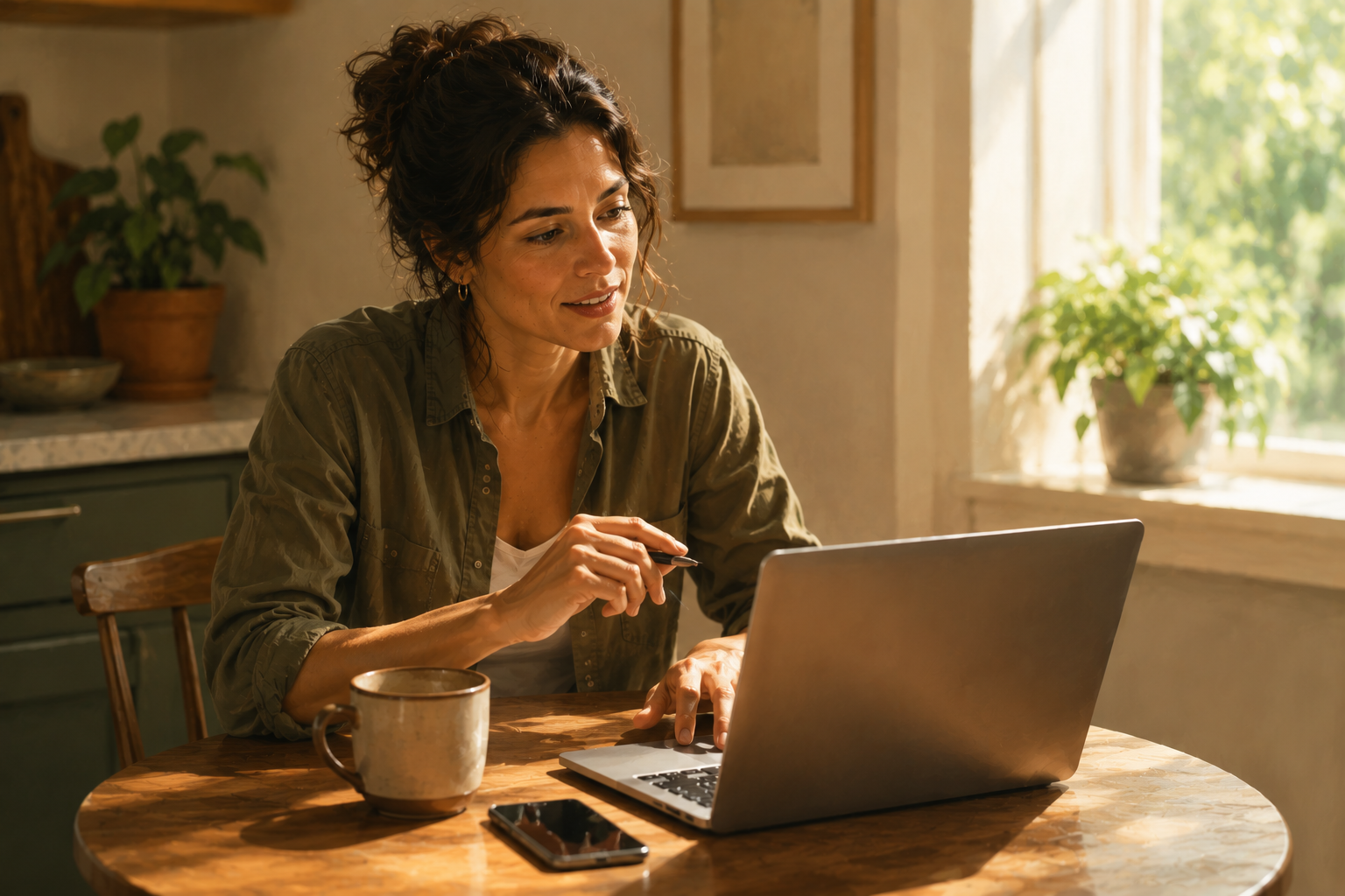 Affiliate marketer at a kitchen table responding to a customer message on a laptop, casual setting