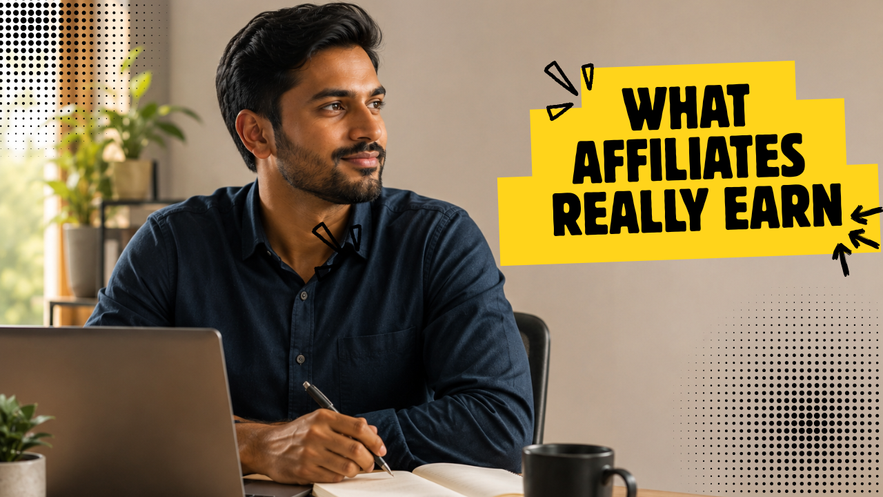 Confident affiliate marketer seated at desk slightly left of center, open negative space to the right for text overlay