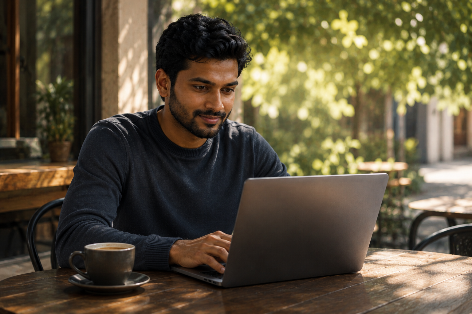 Person working on a laptop at an outdoor cafe table in warm sunlight, relaxed and focused posture, coffee beside them