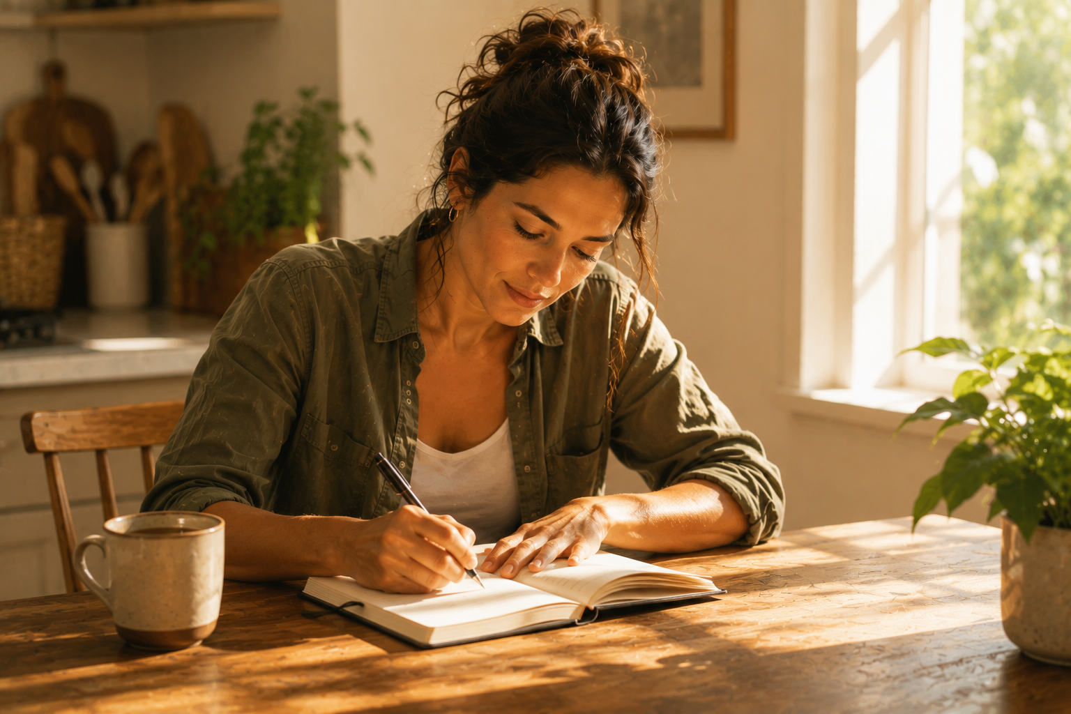 Person writing in a notebook on a wooden kitchen table with morning sunlight, focused and determined