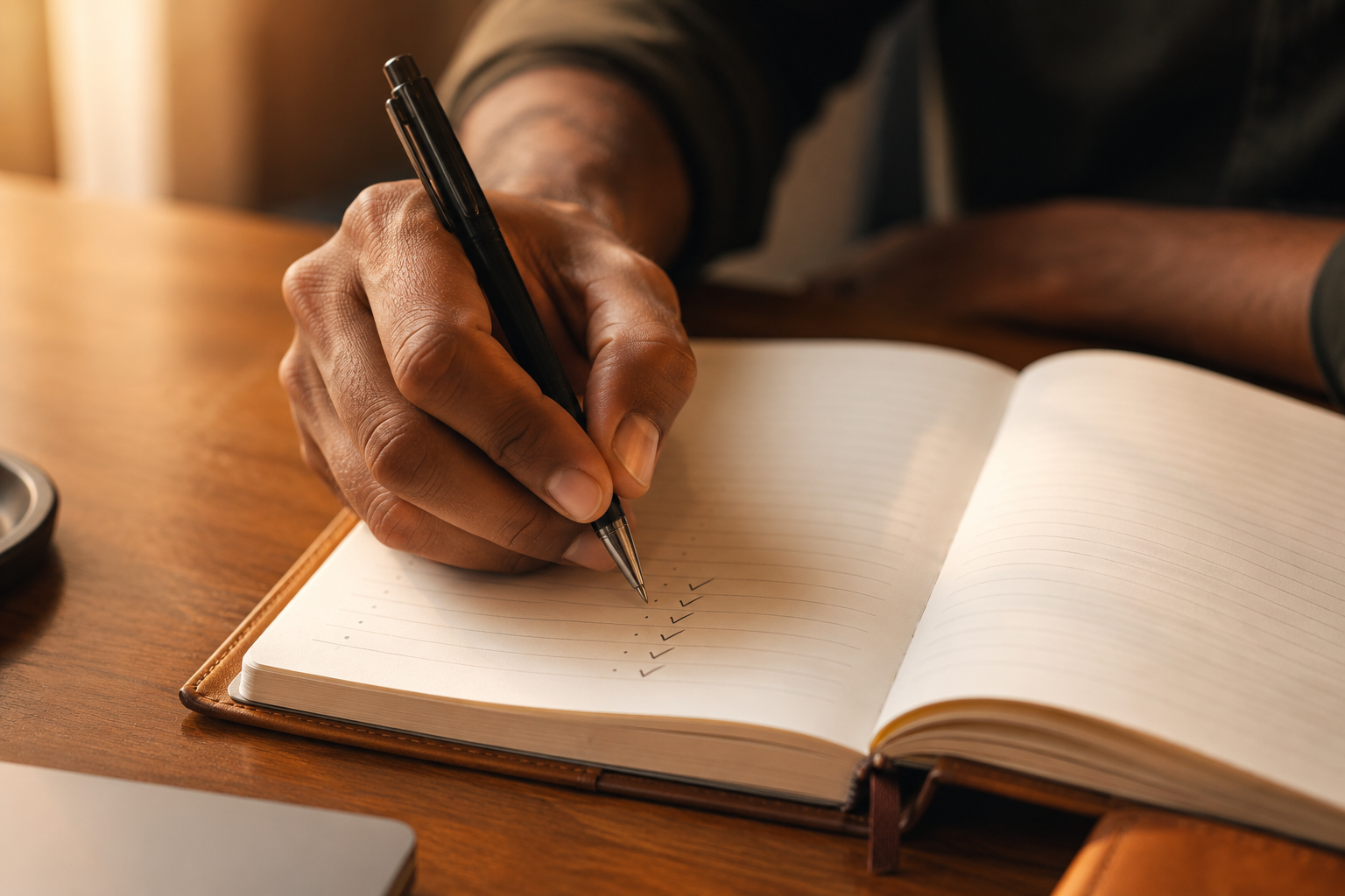 Close-up of a hand writing checkmarks in a small notebook, focused and deliberate, warm side lighting