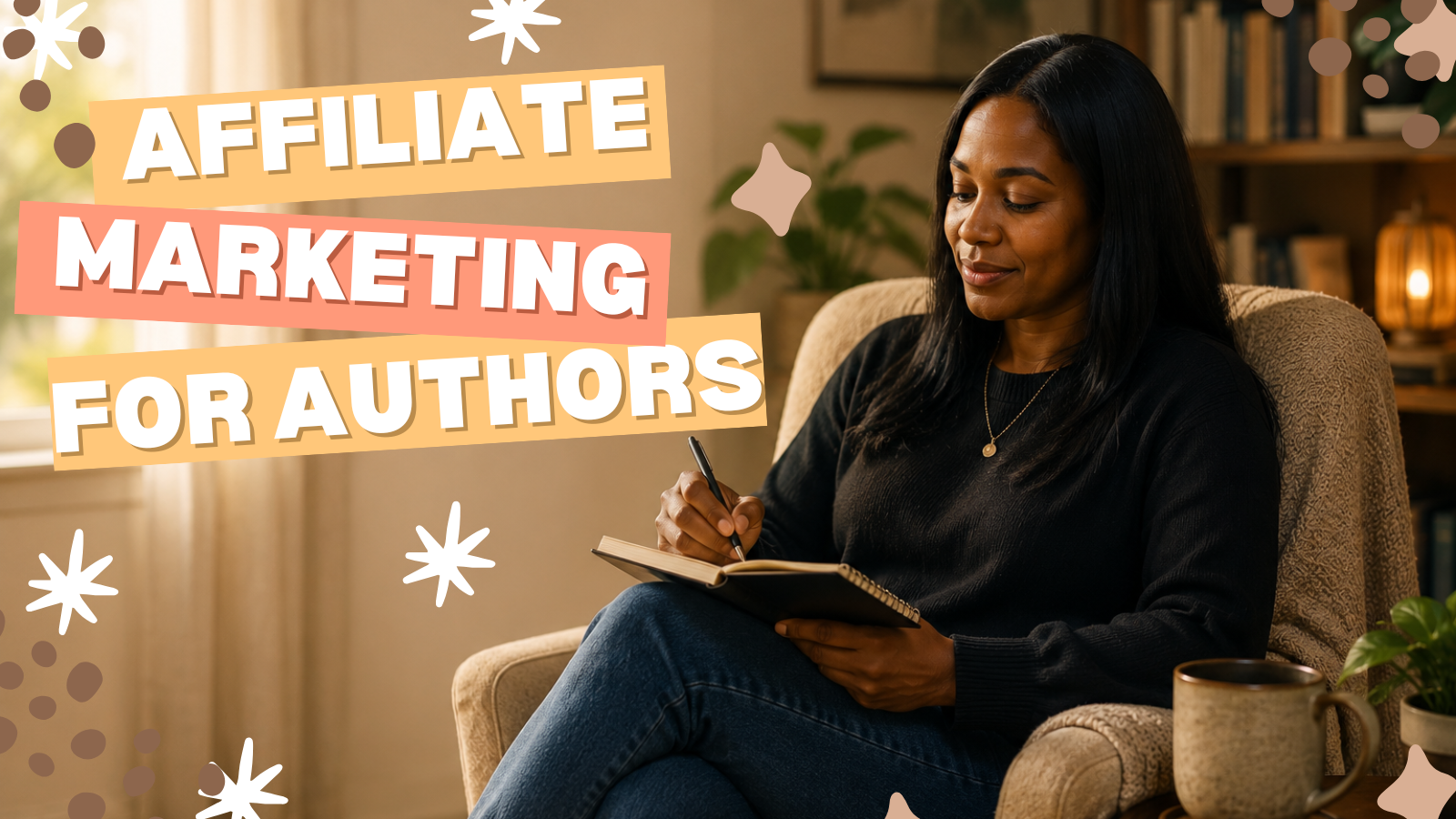 Author relaxing in a reading chair with an open notebook, listing favorite tools and resources