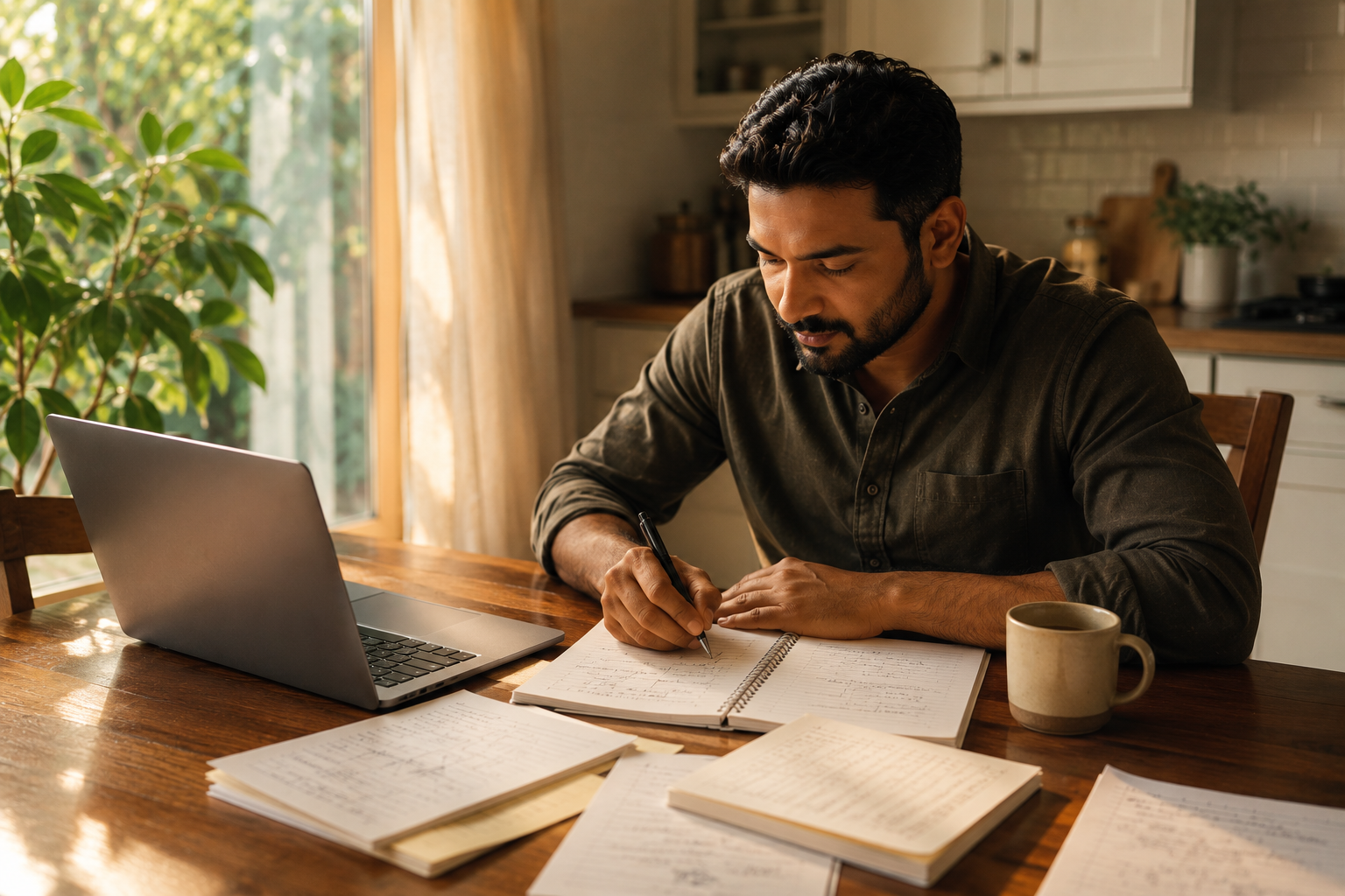 Affiliate marketer seated at a kitchen table with a laptop and handwritten notes, focused and calm, warm morning light