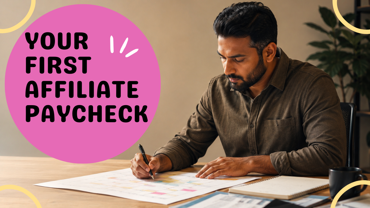 Affiliate marketer at a desk reviewing a calendar, subject offset to the right with open negative space on the left