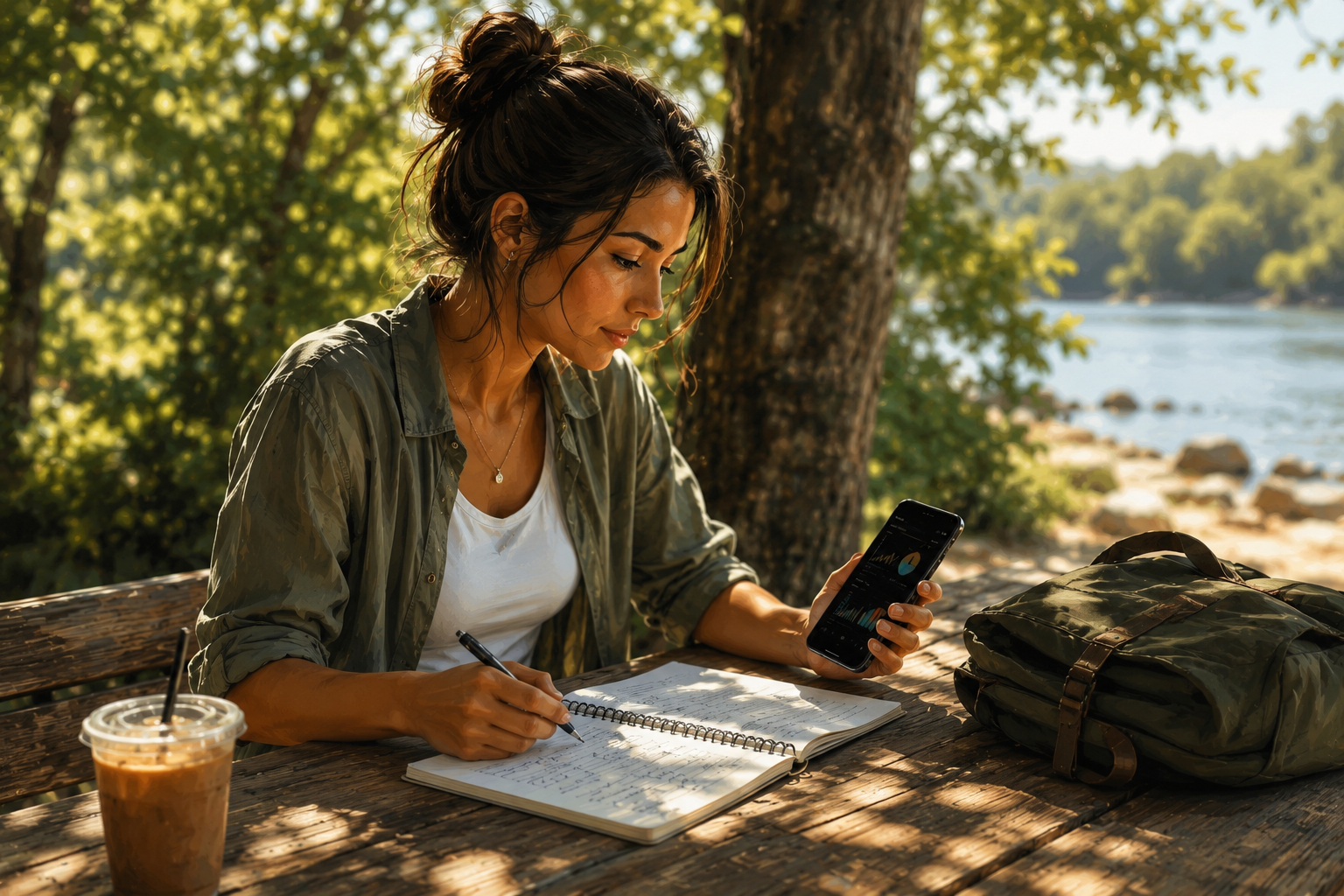 Affiliate marketer sitting outdoors at a picnic table, reviewing handwritten notes and a phone showing stats