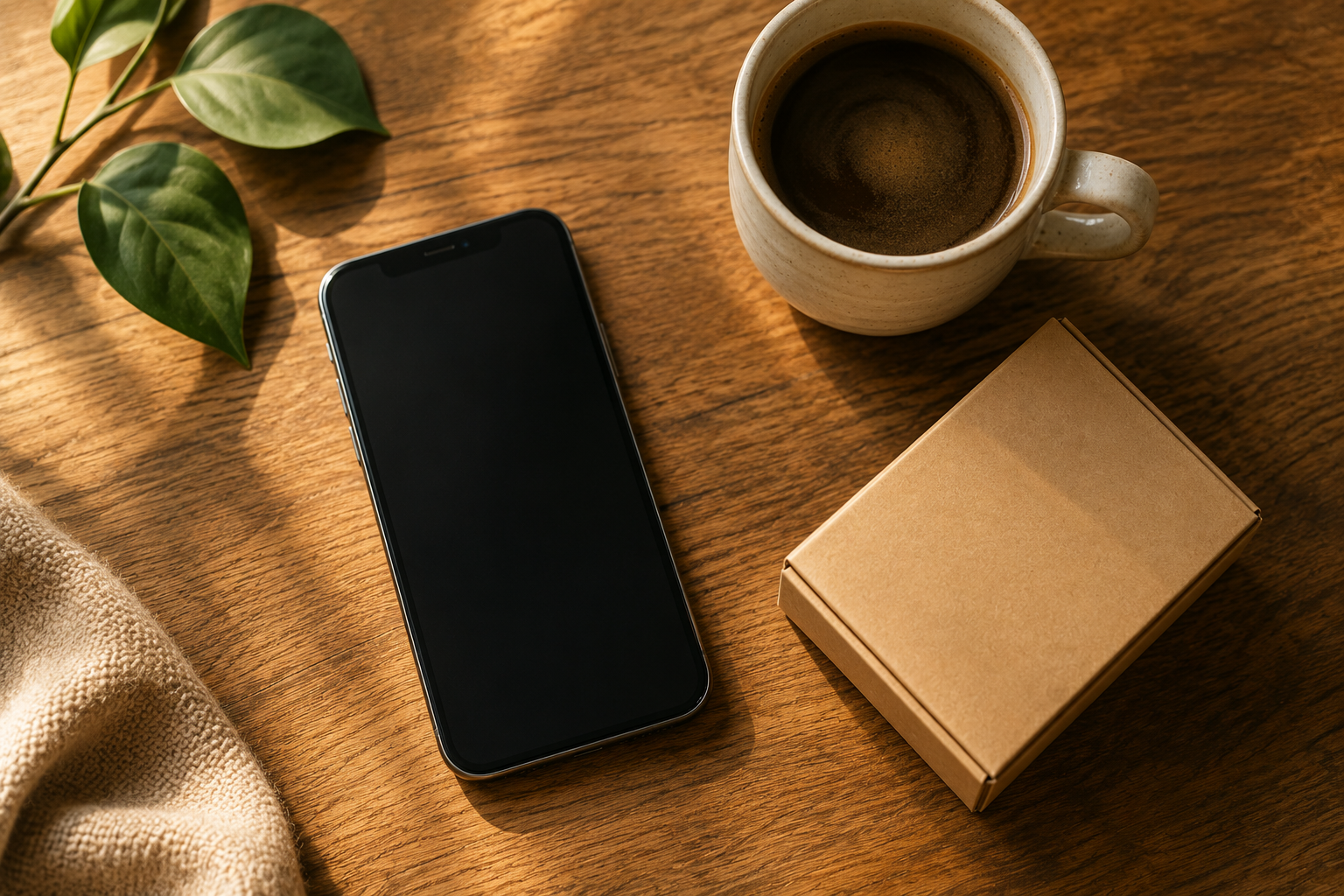 Flat-lay of a smartphone beside a coffee cup and a small product box on a wooden table
