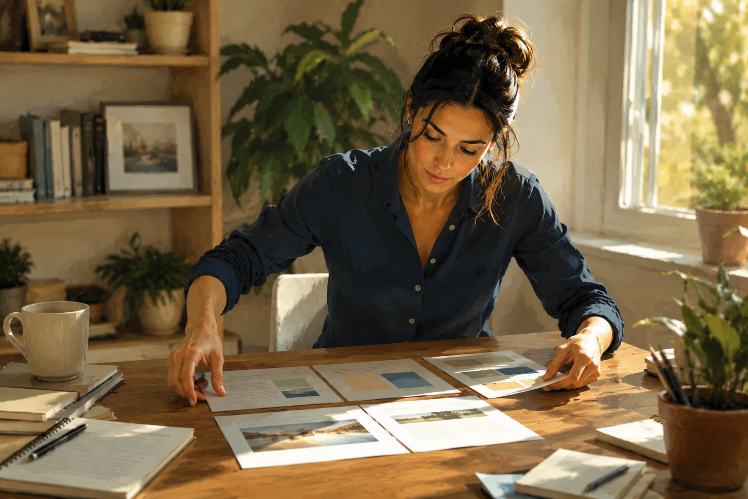 Person at a home desk arranging printed page sections in order on a wooden surface, thoughtful and organized, afternoon light