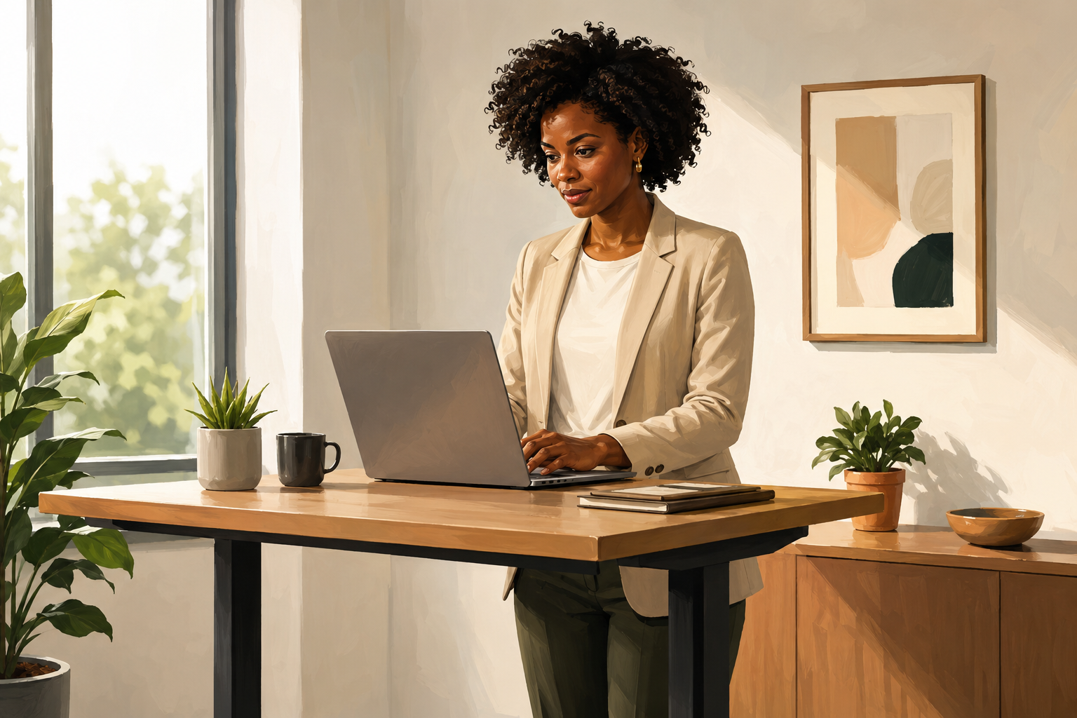 Marketing professional at a standing desk reviewing campaign data on a laptop, modern minimal office, focused expression
