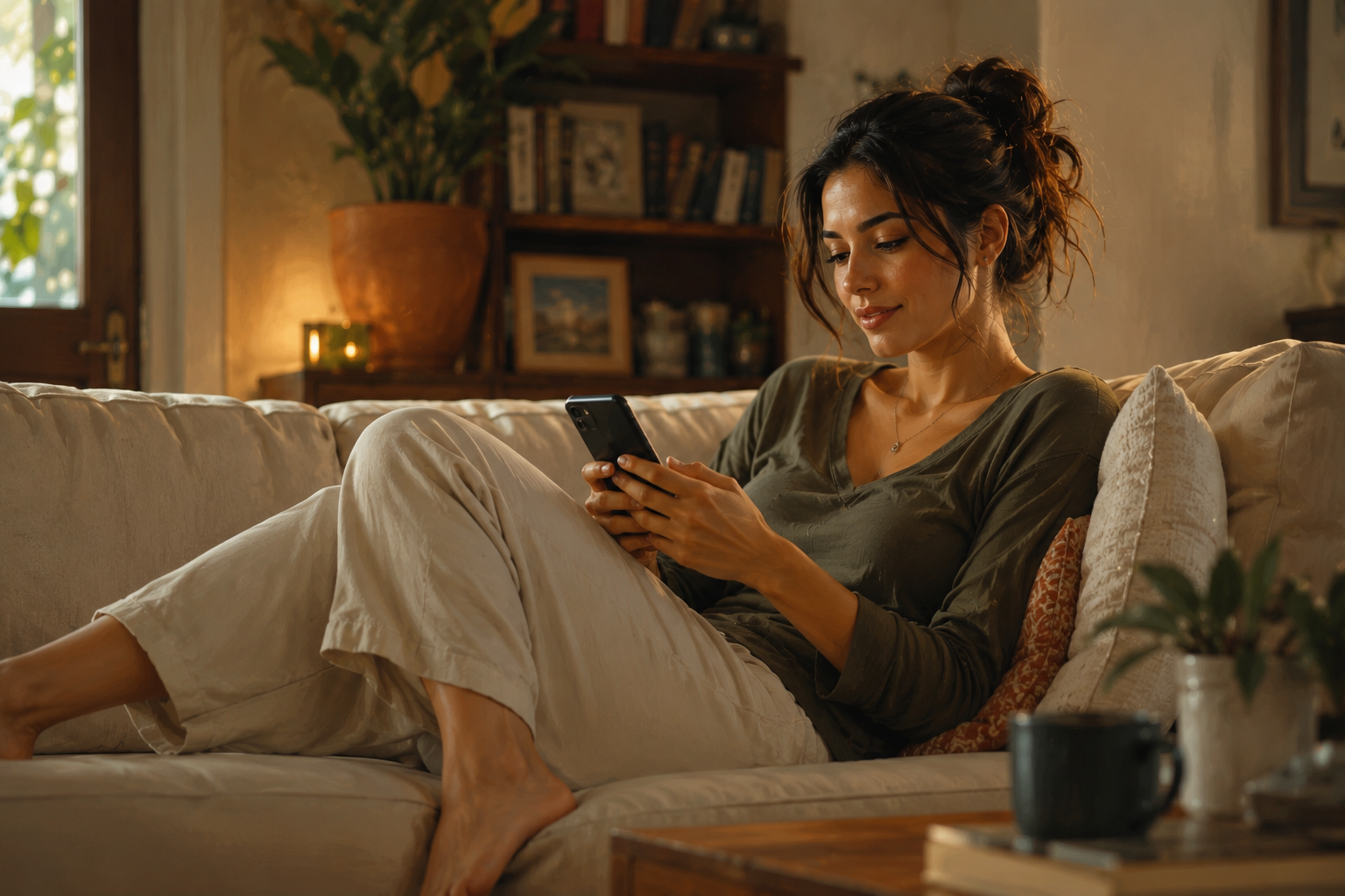 Relaxed person on a couch looking at a phone, comfortable home setting, reviewing notifications