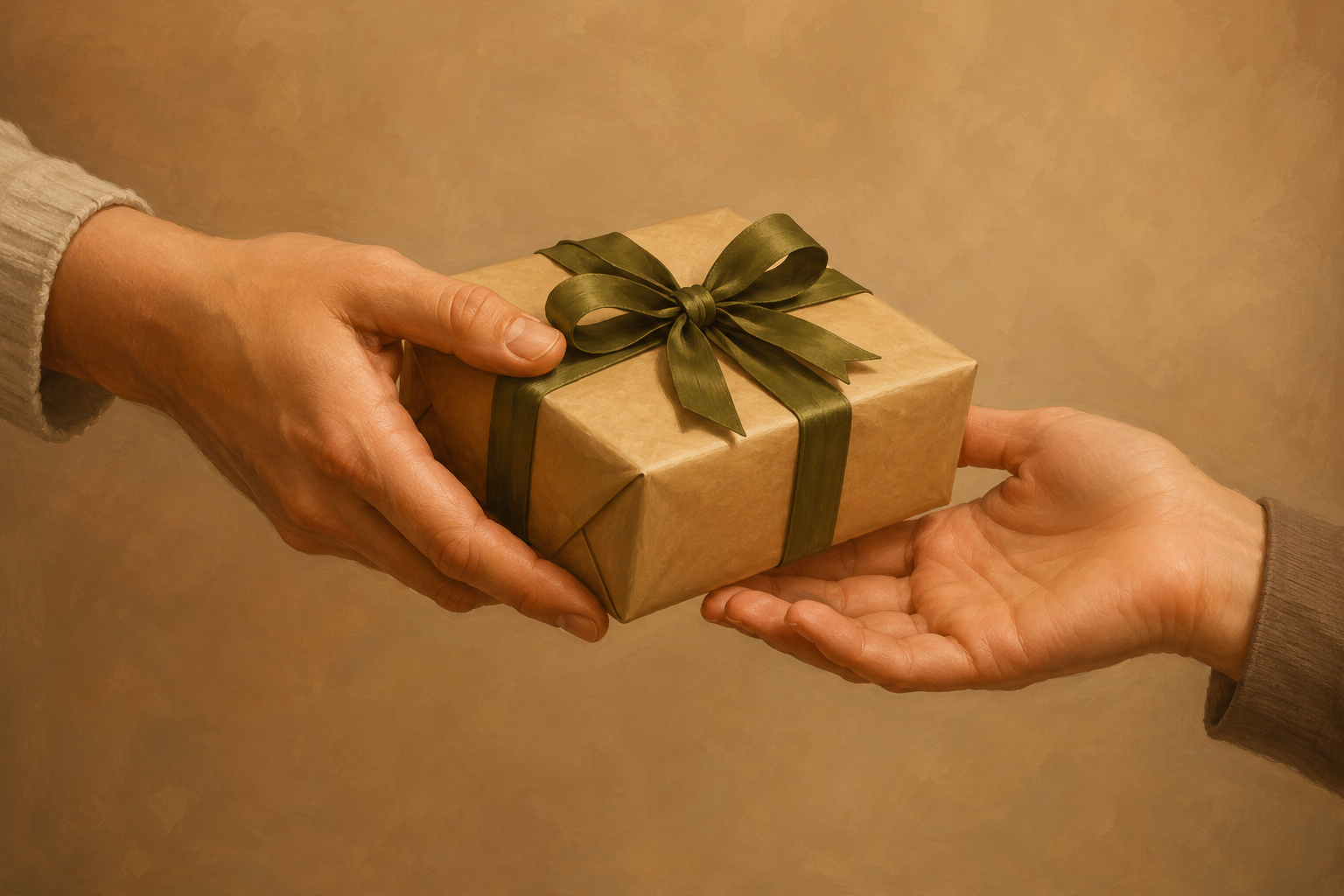 Close-up of hands wrapping a thoughtful, personalized gift with a handwritten note on the side