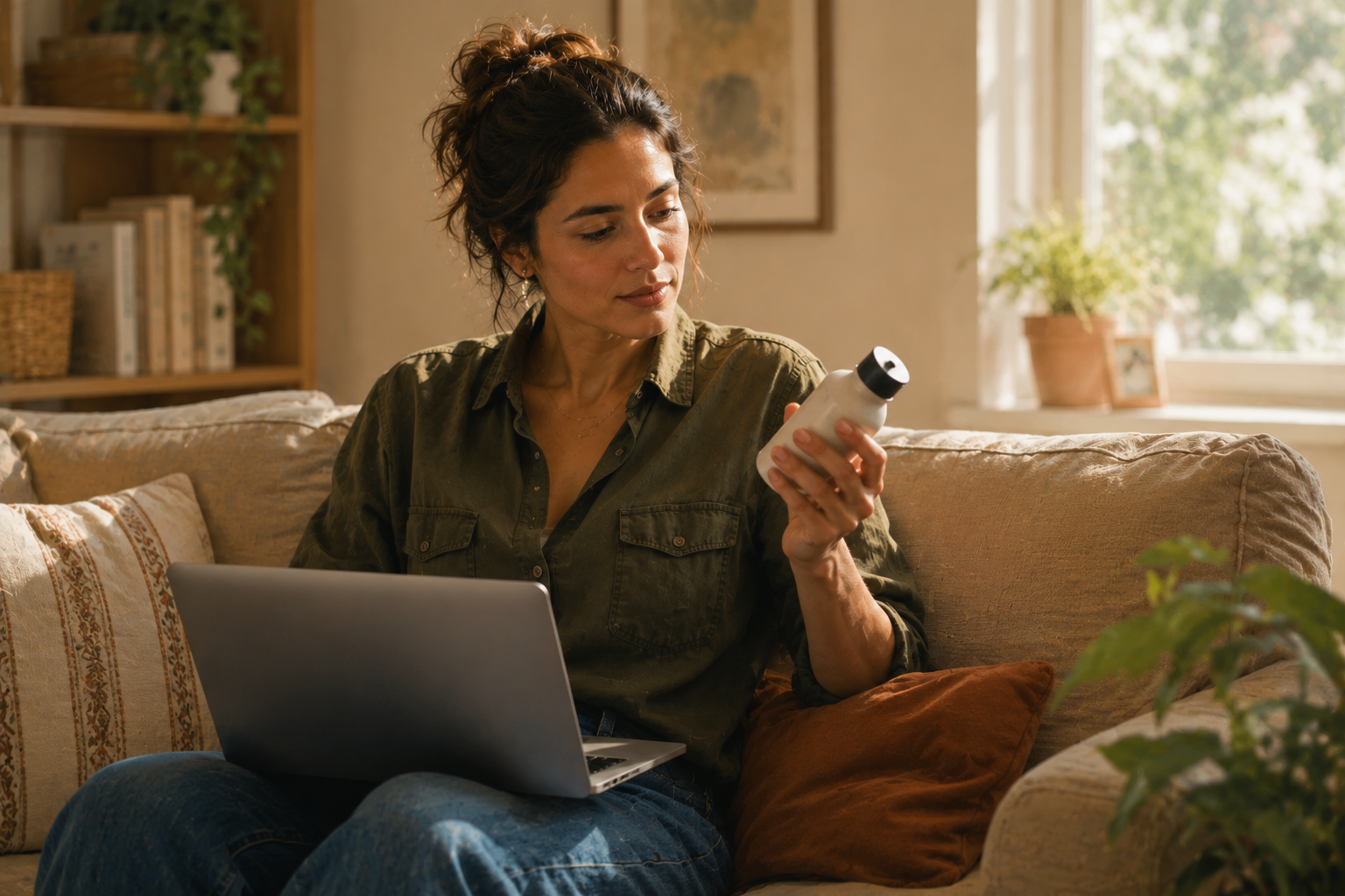 Person sitting on a couch with an open laptop testing a product, holding the item in one hand and typing notes with the other